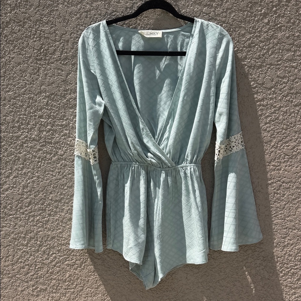 audrey Mint Green Lace-Trim Wrap Romper with Bell Sleeves